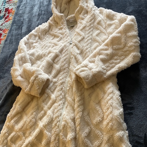 Fleece Cozy Jacket Hoodie Teddy Fur Cream Quilted Winter Zip-Up Sweater Furry, L - Picture 5 of 7